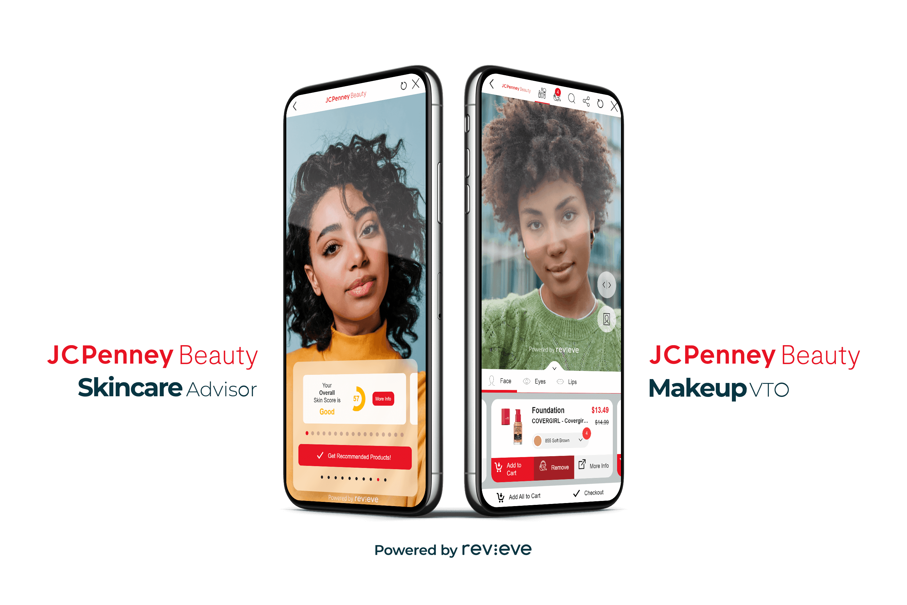 Two smartphones showing JCPenney Beauty experiences powered by Revieve: an AI Skincare Advisor with a skin score, and a Makeup Virtual Try-On with a foundation product
