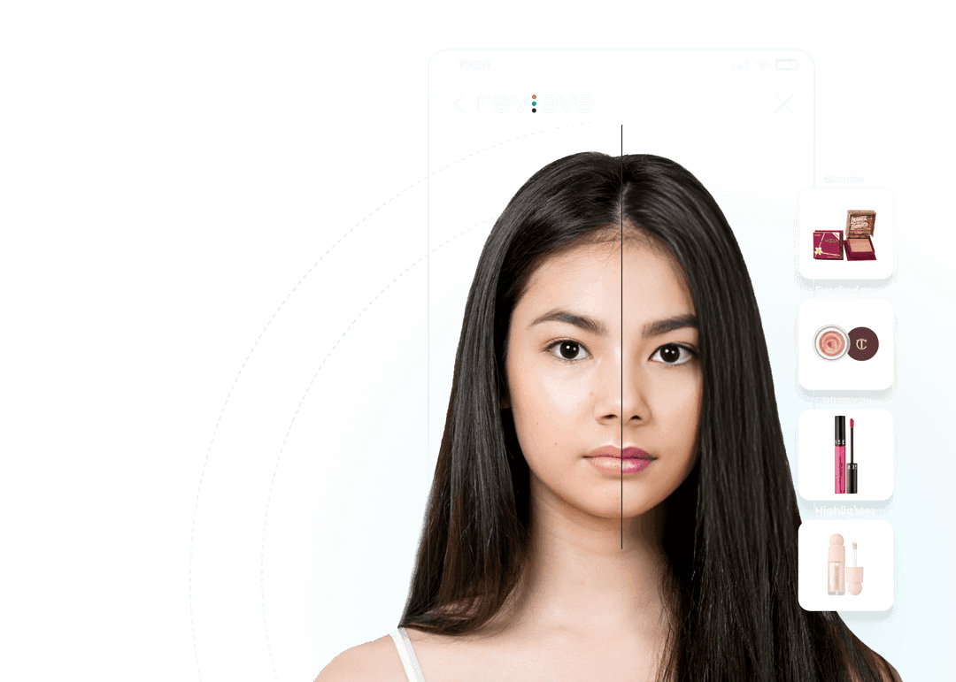 A consumer's face shown half natural, half with virtual makeup applied, with product options alongside — demonstrating real-time face tracking and application.