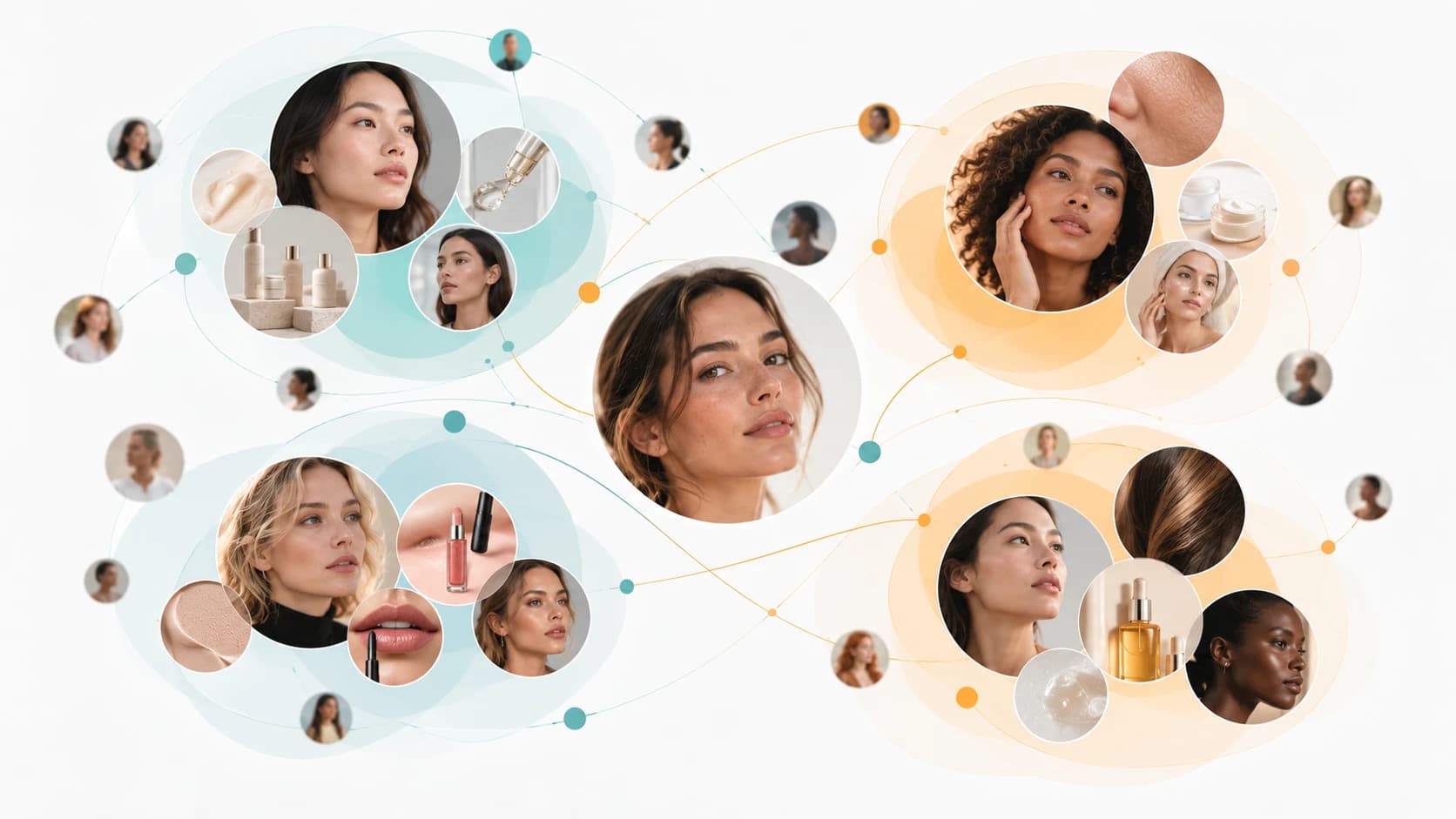 A beauty consumer at the centre of four audience clusters — grouped by consumer needs, audience segments, product affinities and emerging trends — each cluster a constellation of faces and products connected back to her.
