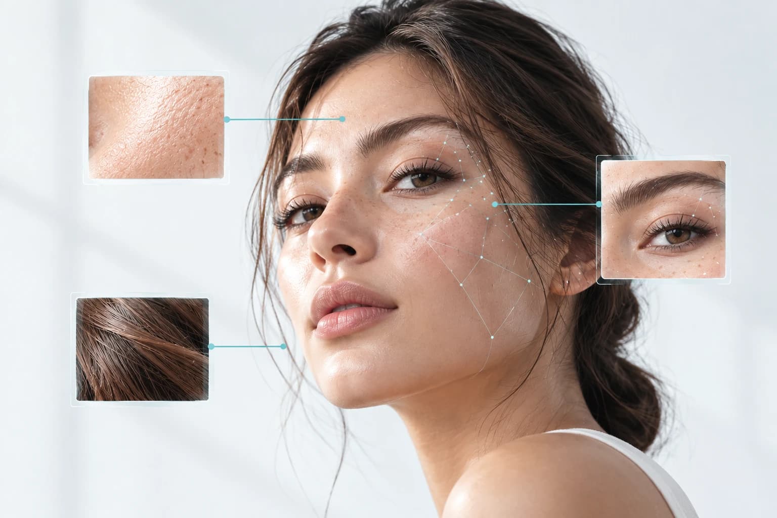 A beauty consumer whose skin, face and hair are understood through AI-powered visual analysis, with zoomed panels of skin texture, eye and hair.
