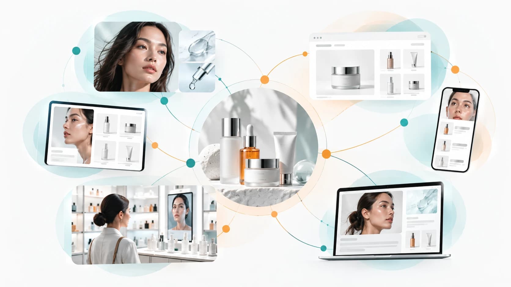A beauty brand's products at the centre, understood consistently across the surfaces where beauty is discovered — editorial storytelling, product pages, search and mobile — each surface connected back to the brand.