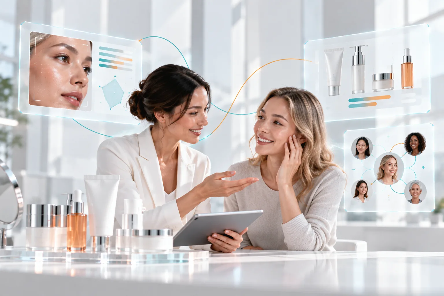 A beauty advisor with a tablet guiding a smiling client at a product-laid table, beside panels of skin analysis and a network of consumer faces.