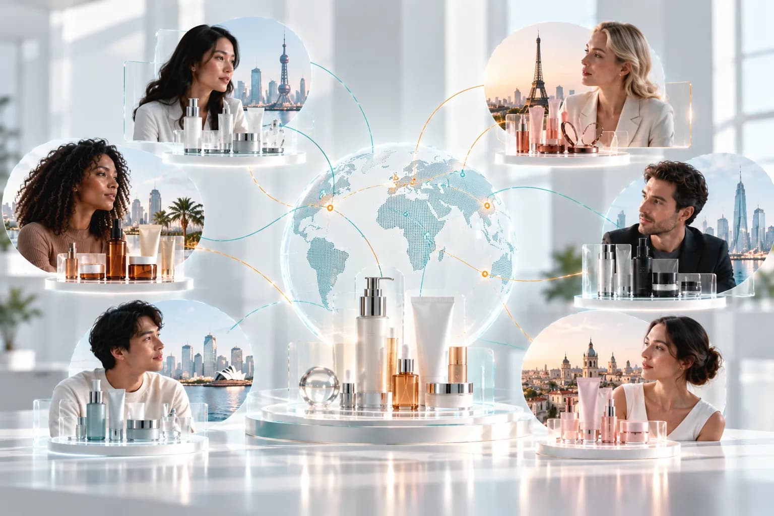 Beauty products on a podium before a glowing connected globe, ringed by panels pairing shoppers with world-city skylines and localized products.
