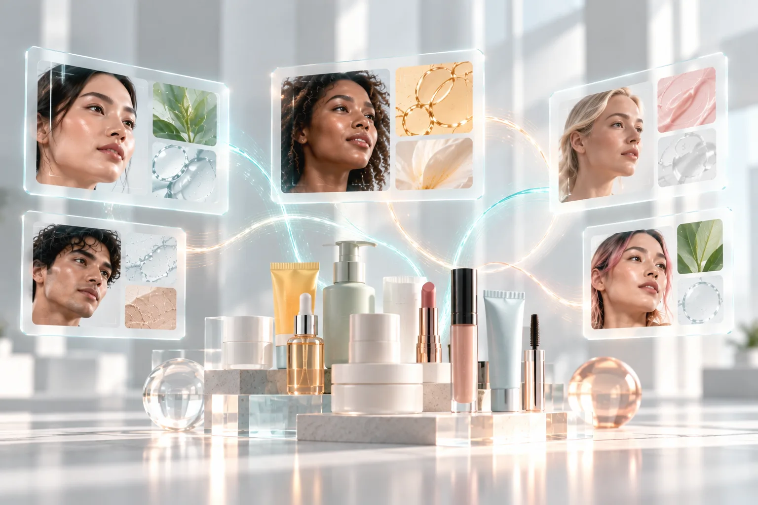 A curated set of indie beauty products on stone podiums, ringed by glass panels of diverse faces with botanical and texture swatches.