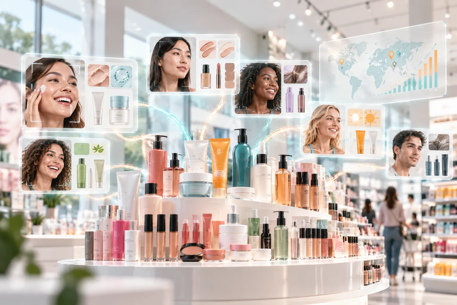A broad line-up of mass-market beauty products on a bright store display, ringed by panels of diverse shoppers, swatches and a world map.