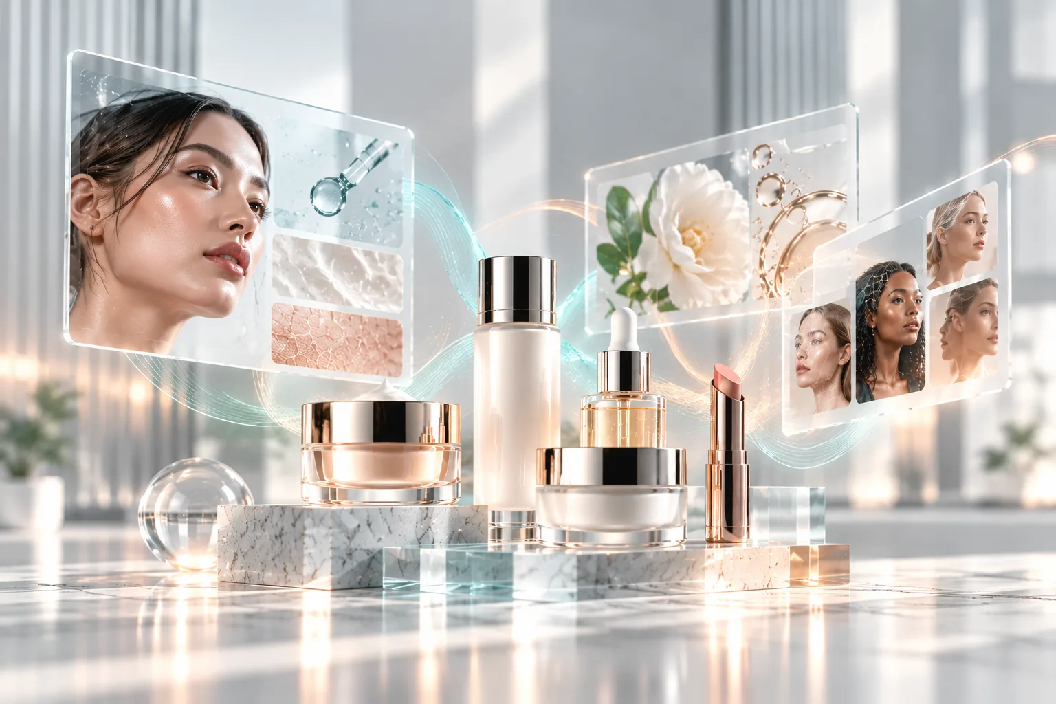 Prestige beauty products in gold-capped jars on marble podiums, ringed by glass panels of skin analysis, a bloom and consumer faces.