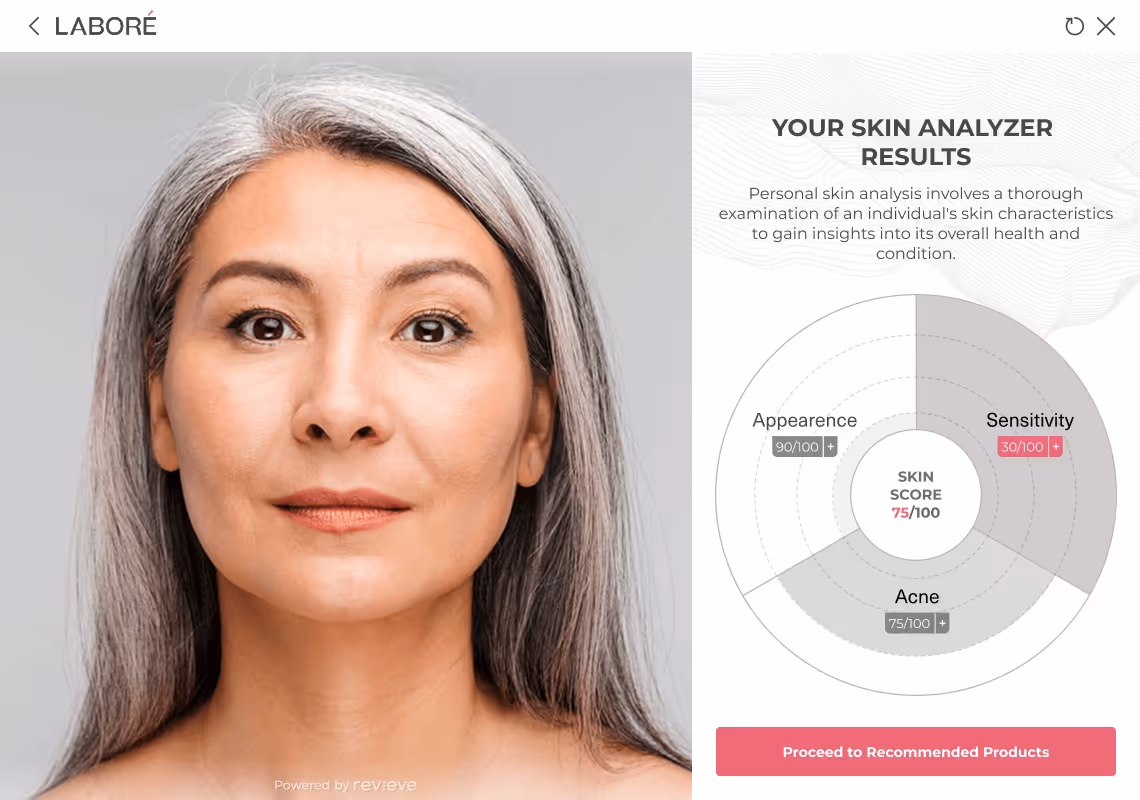 Skin analysis results visualized as brand-styled interactive infographics.