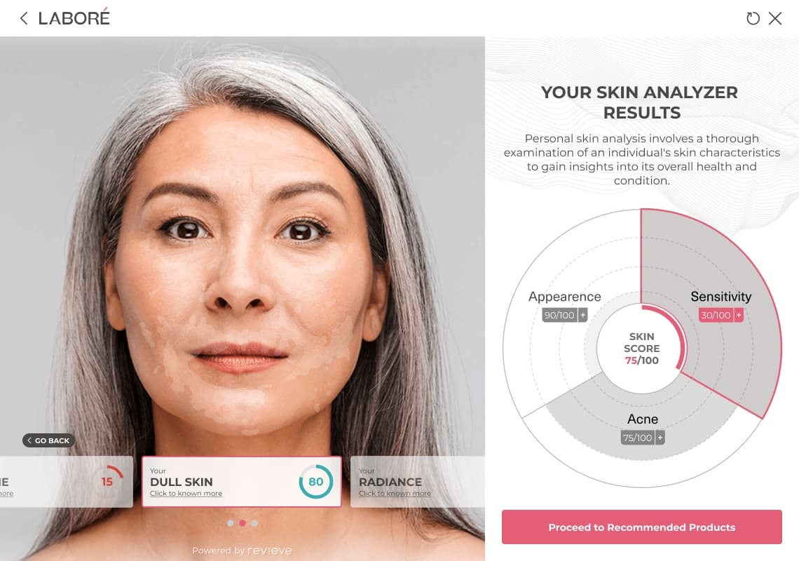 In-depth visualization of skin health status such as hydration and elasticity, tied to the brand's focus.