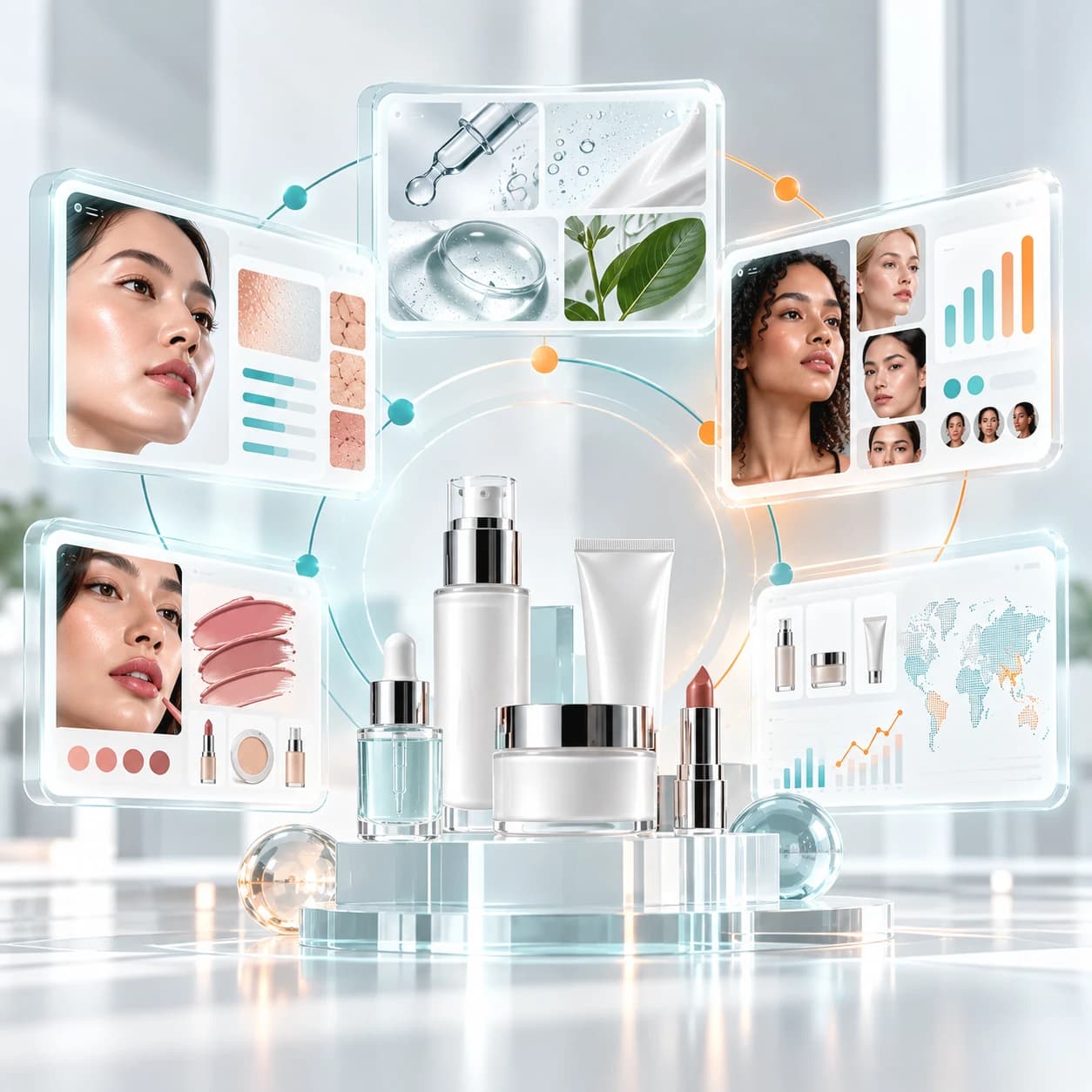 Beauty products at the center of five intelligence views — skin analysis, ingredients, consumers, makeup discovery, and market insights.