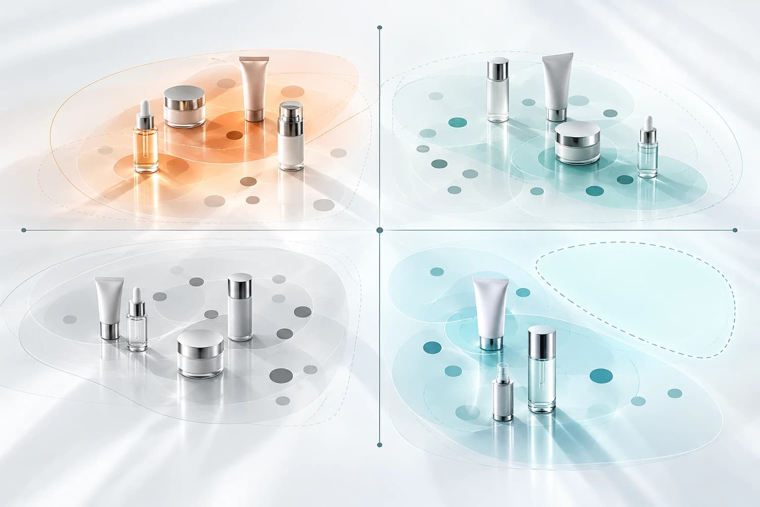 Beauty products distributed across a demand-versus-coverage map: high demand with low coverage (the opportunity), high demand well covered, low demand and low coverage, and an emerging-demand whitespace.