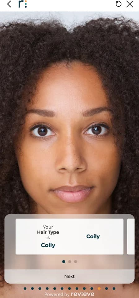 Haircare Advisor diagnostics screen identifying the user's hair type as coily.