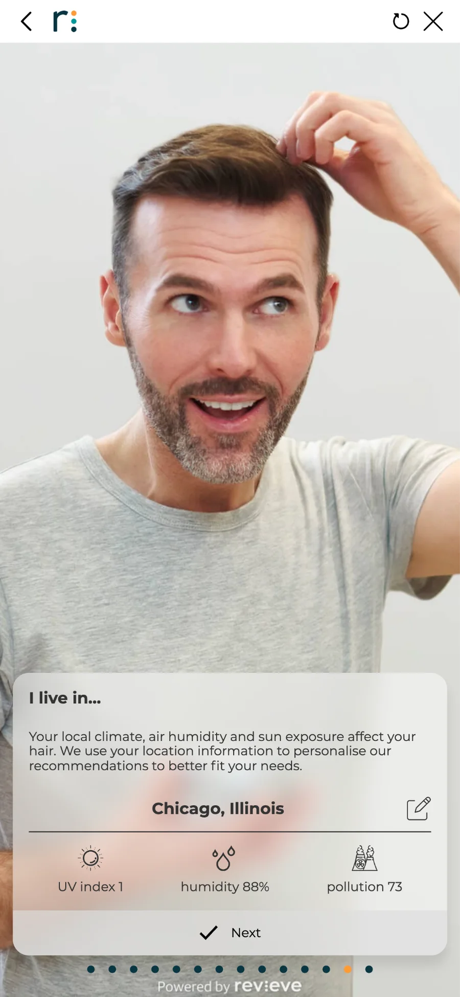 Haircare Advisor location screen factoring in the user's local UV index, humidity and pollution.