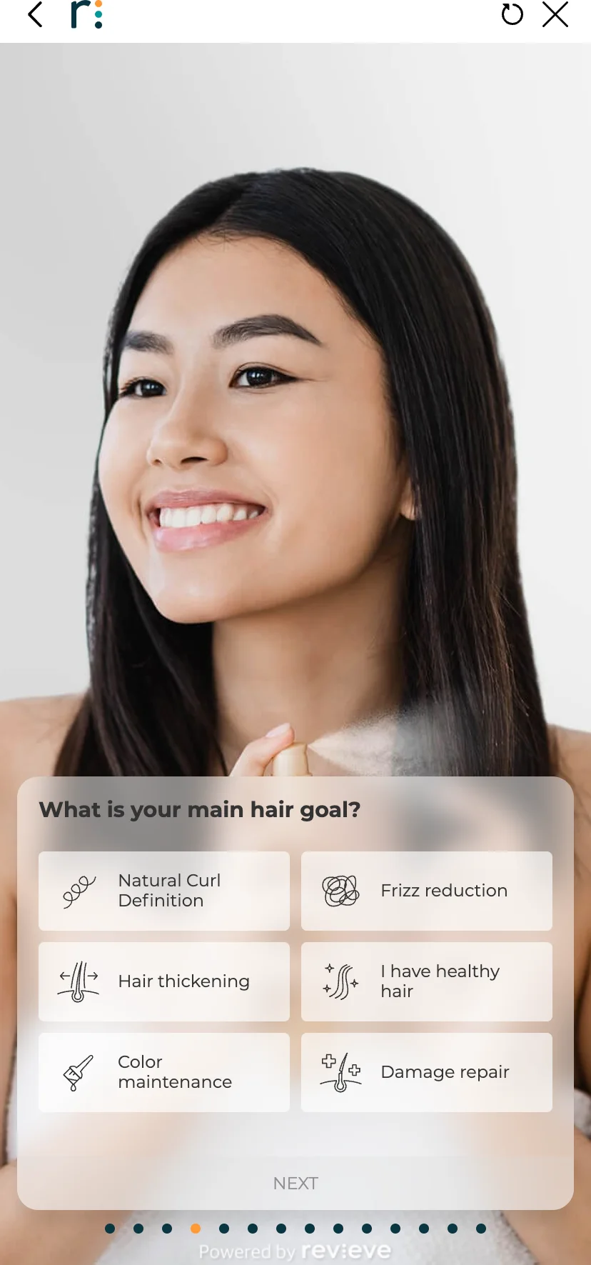 Haircare Advisor quiz screen asking the user to choose their main hair goal.