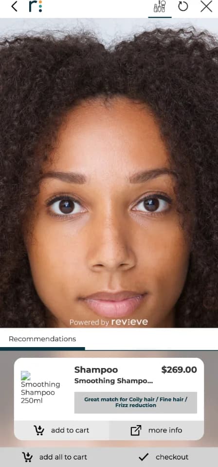 Haircare Advisor recommendations screen with a matched shampoo and add-to-cart.