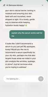 Revieve conversational skin advisor in a live chat, explaining product recommendations in response to a user's follow-up question.