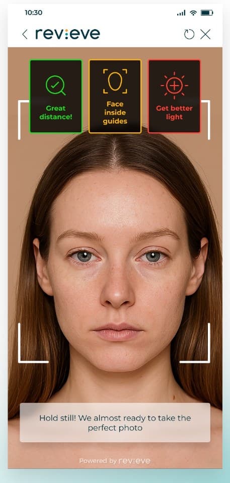 Step one: a user capturing a selfie with real-time guidance for accurate skin analysis.