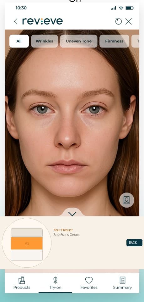 Step three: a LiveAR preview of expected treatment results on the user's own face.