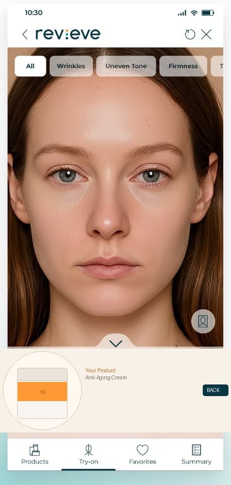 Step four: a Day 1 to Week 12 before-and-after slider showing projected skin improvement.