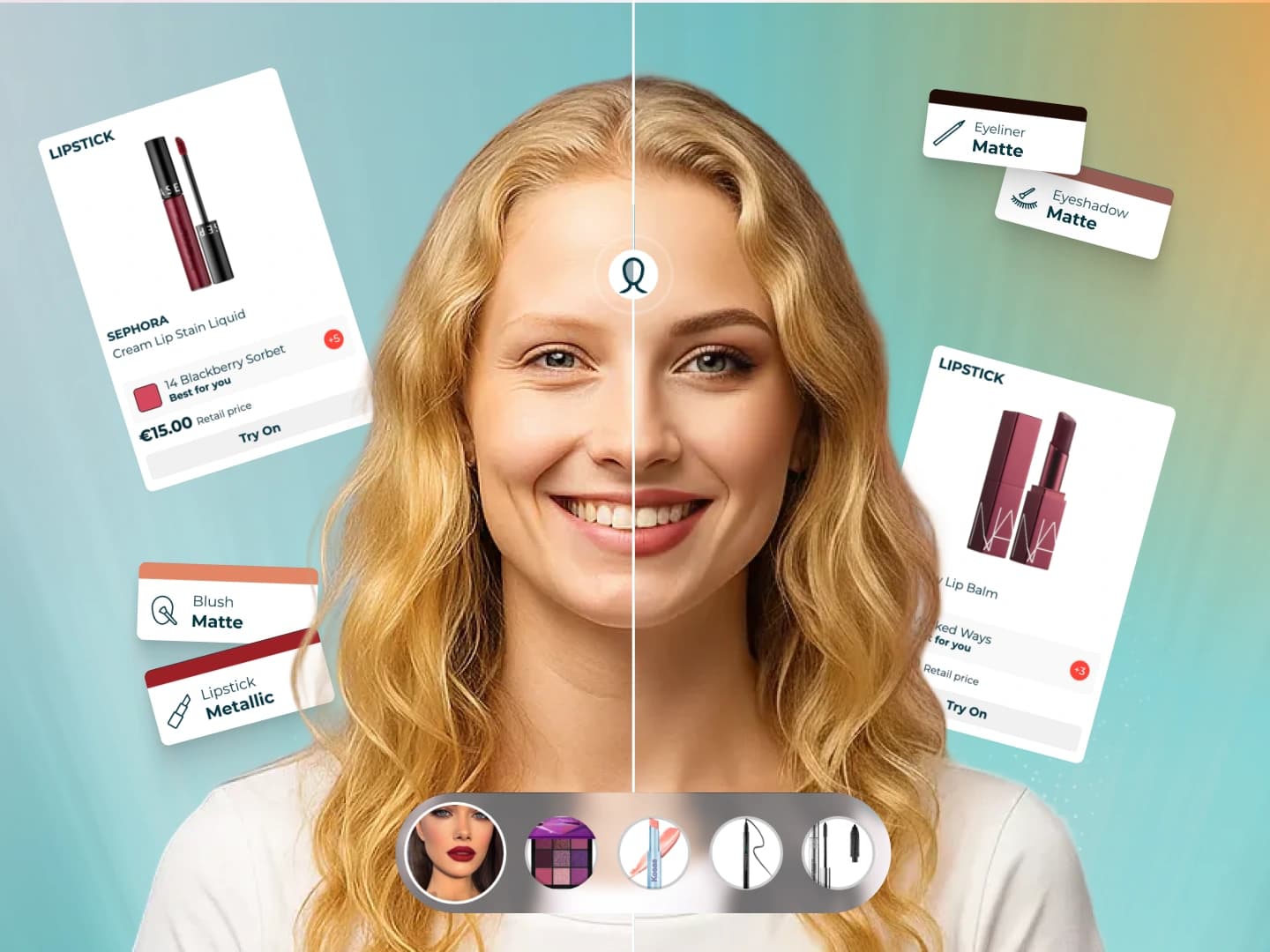 A makeup product visualized in real time, matched to a consumer's skin tone and lighting.