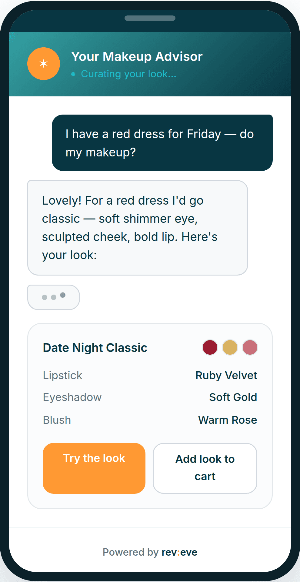 Revieve Makeup Advisor inside a ChatGPT conversation, turning a red-dress prompt into a shoppable Date Night Classic look.