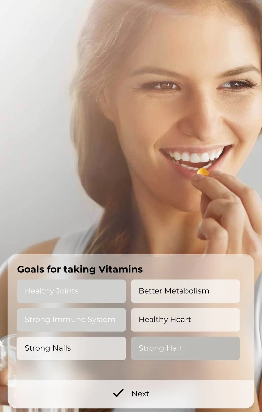 Nutrition Advisor quiz screen capturing the user's goals for taking vitamins.