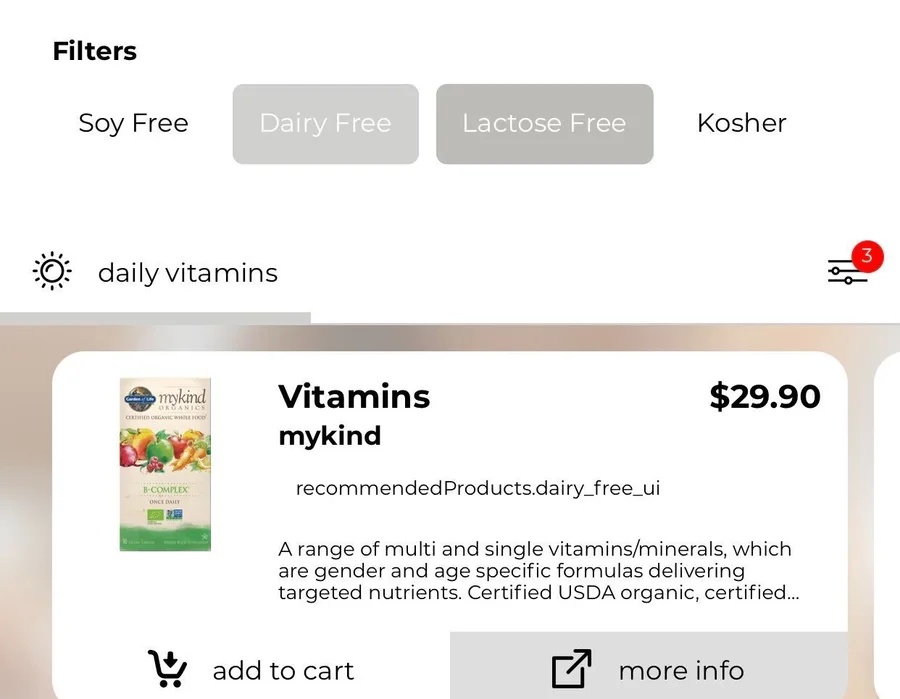 Nutrition Advisor recommendations screen with dietary filters and add-to-cart.
