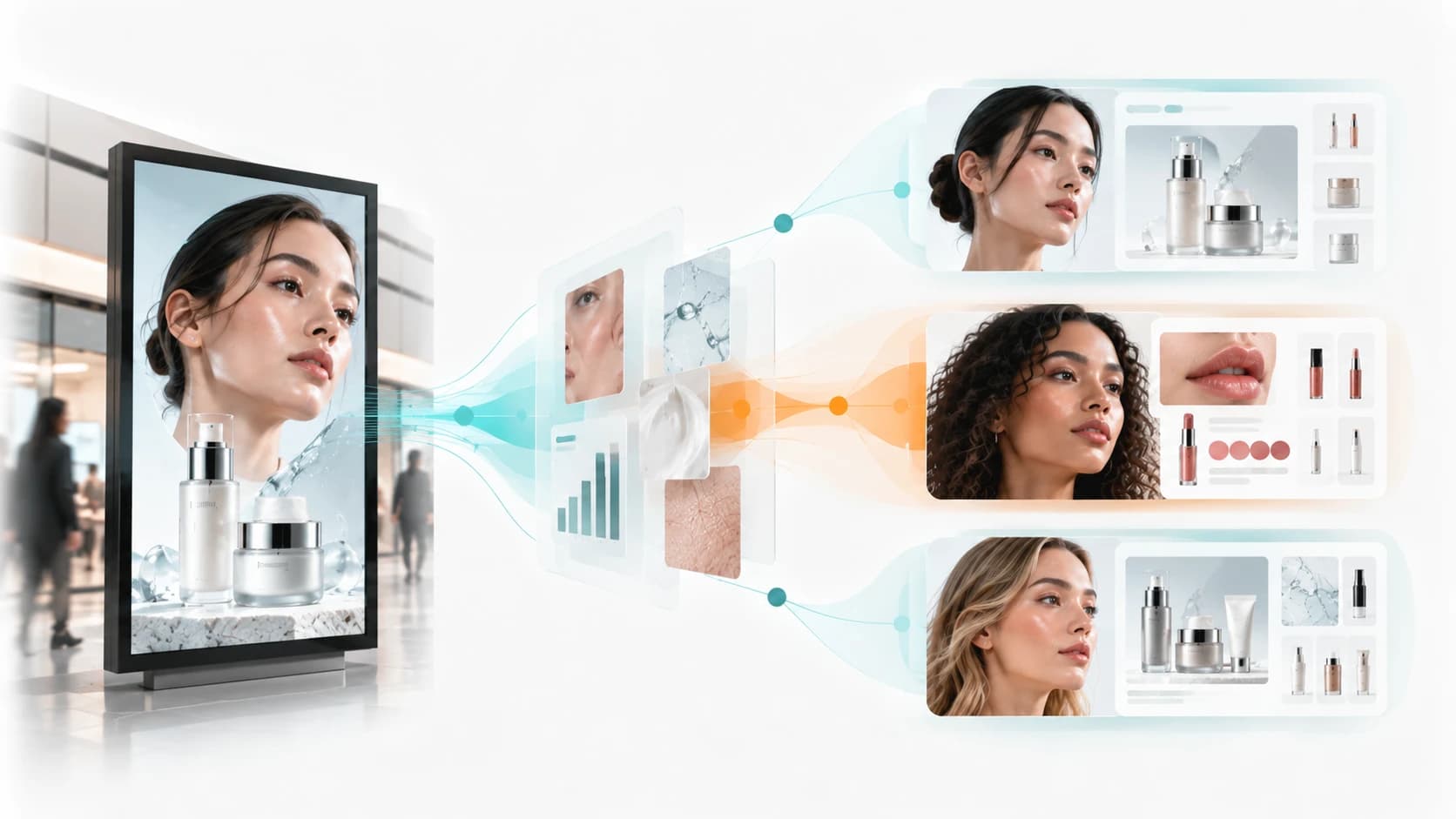 A retail-media screen showing a beauty consumer feeds an intelligence layer that fans out into three personalized campaign variants — each tuned to a different shopper with her own products and recommendations.