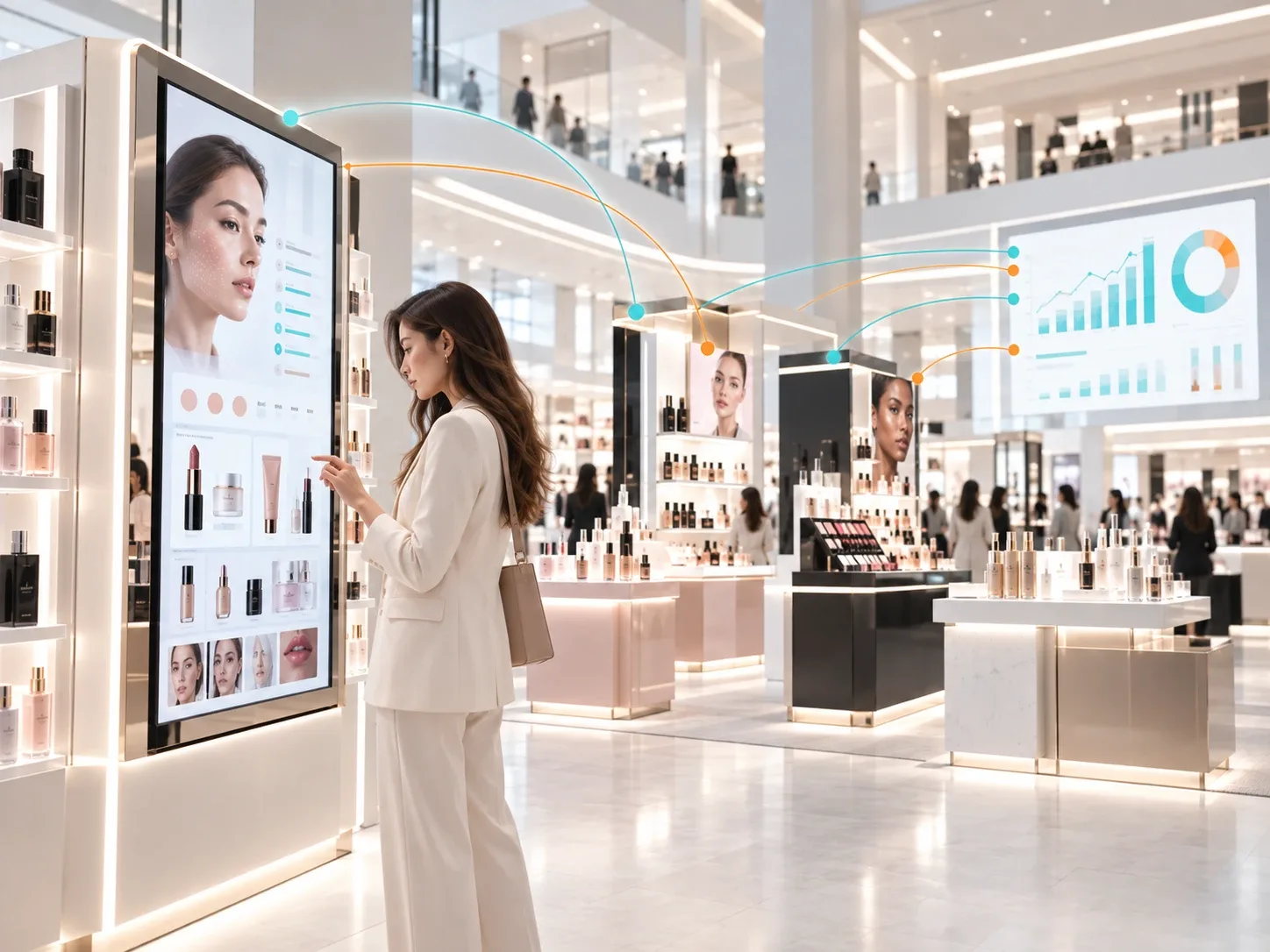 A shopper at an interactive beauty kiosk on a bright department-store floor, product matches flowing to a live analytics dashboard.