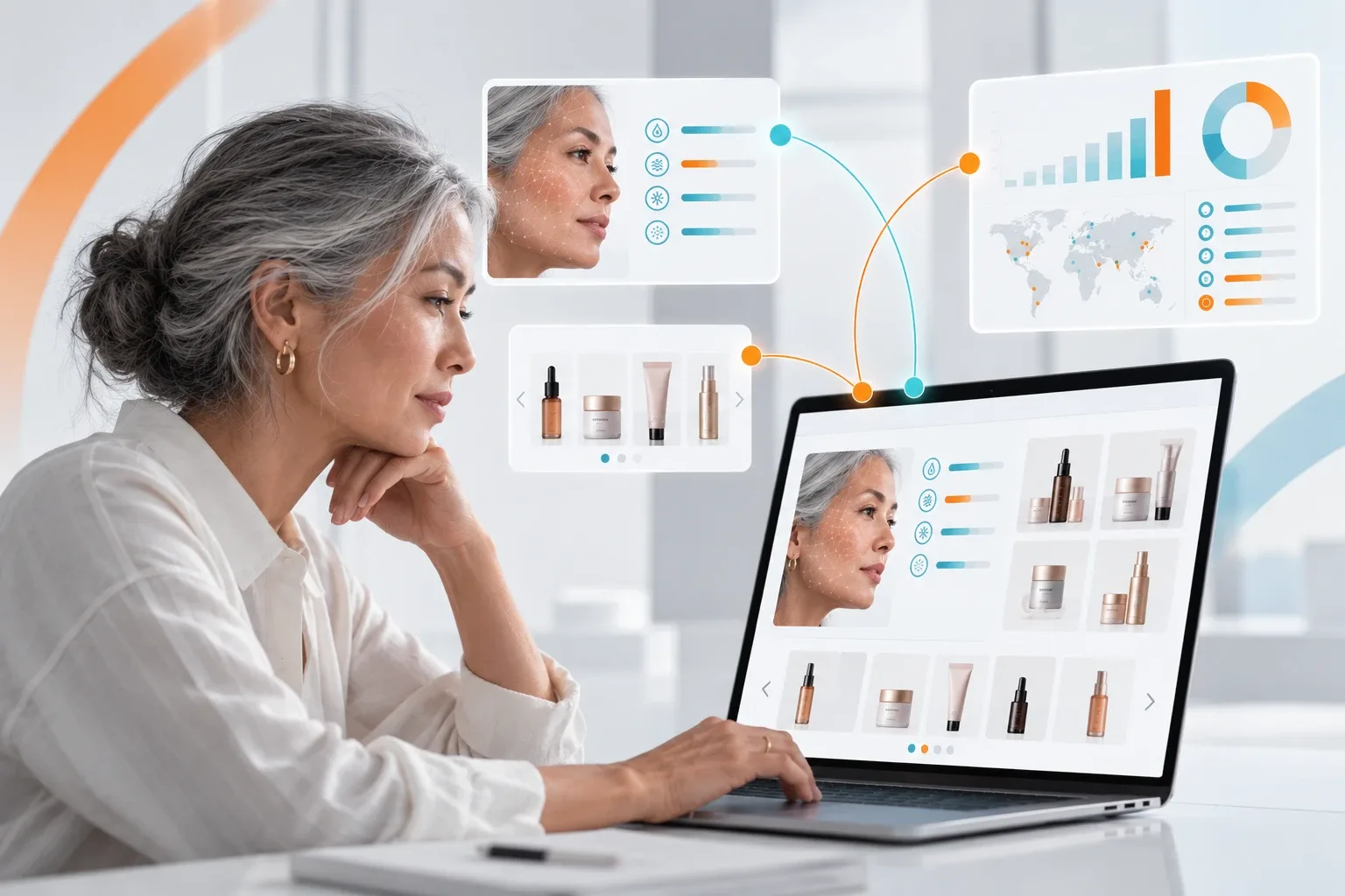 An older shopper browsing a beauty marketplace on a laptop, with analysis, recommendation and marketplace-intelligence panels.