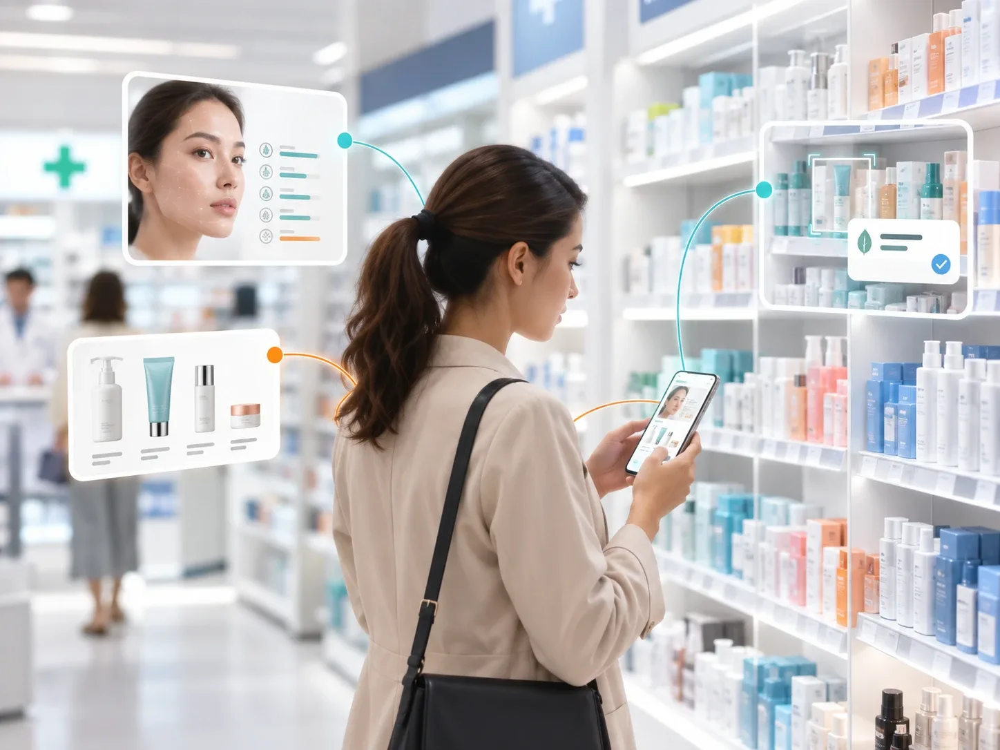 A shopper using her phone amid pharmacy skincare shelves, with panels of skin analysis, product recommendations and shelf guidance.