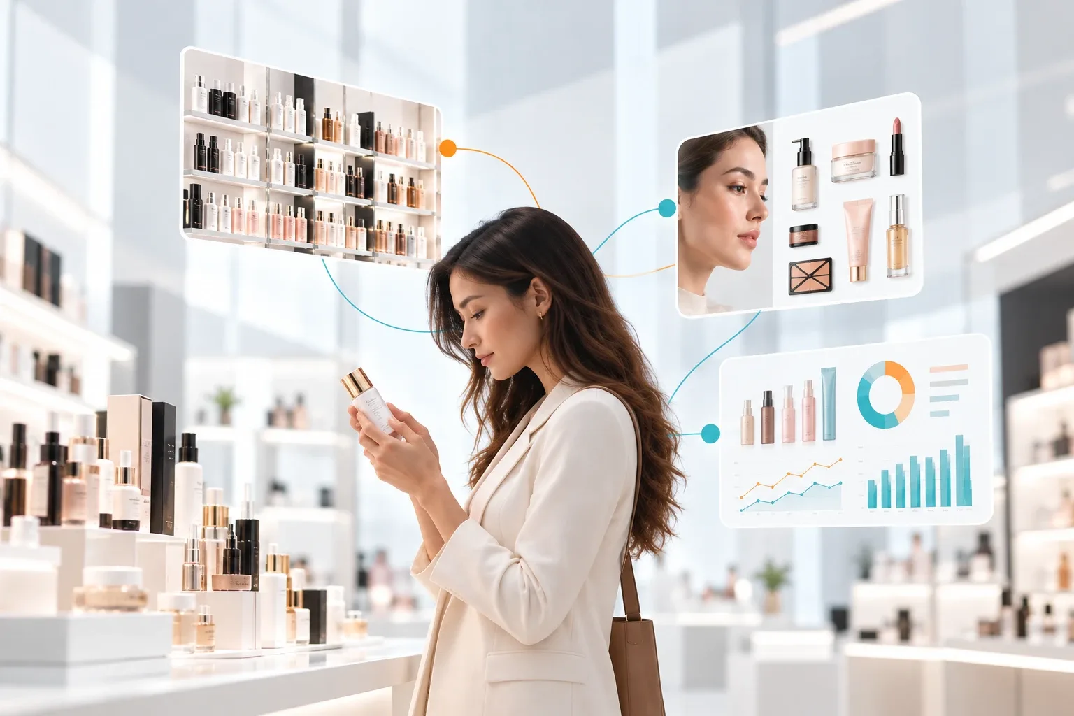 A shopper in a bright specialty beauty store reading a product, with panels of shelf assortment, personalized product matches and category insights.