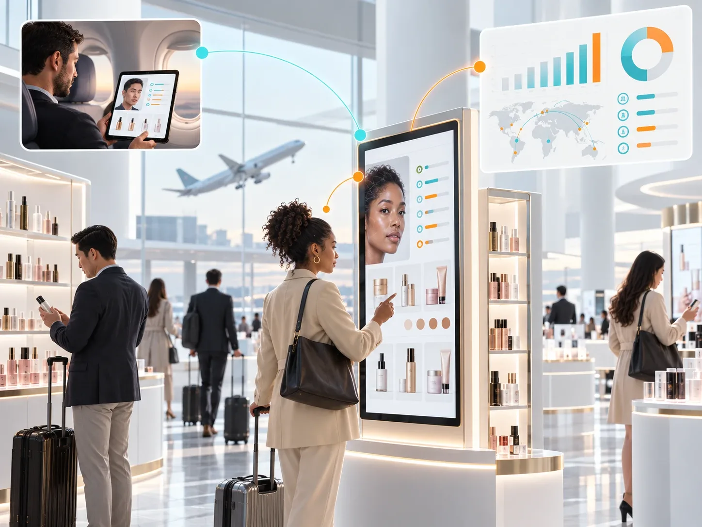 Travelers in an airport duty-free beauty hall, a shopper consulting a digital advisor kiosk, with an in-flight tablet inset.