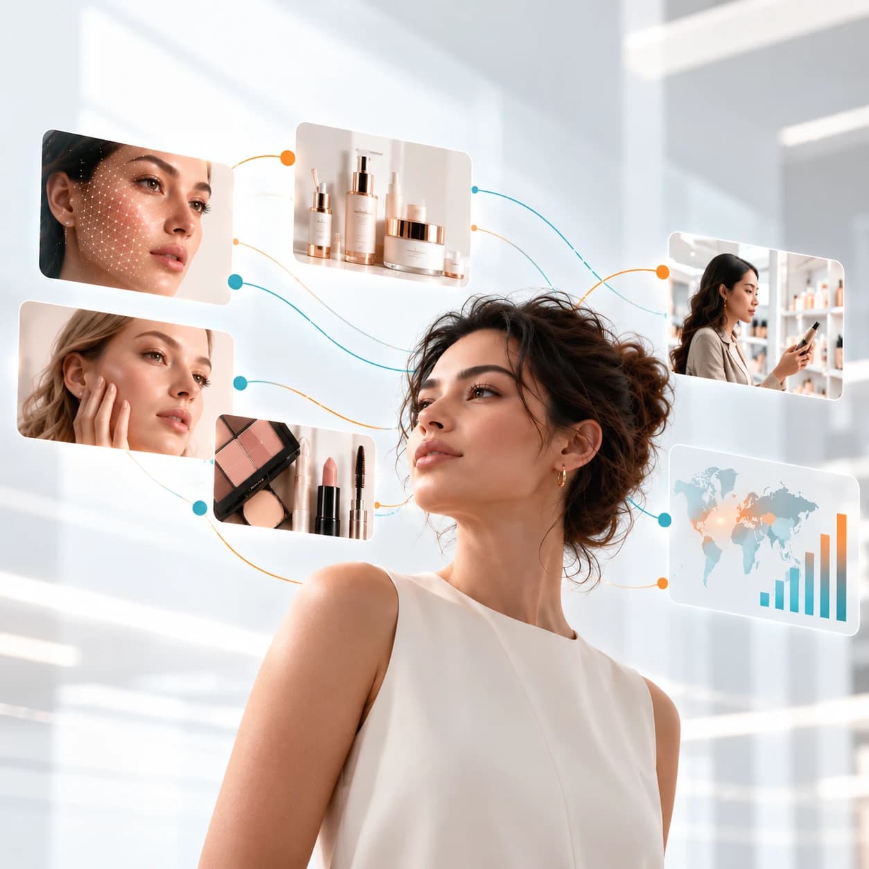 A beauty consumer at the centre of a retail experience, circled by skin analysis, beauty analysis, makeup, products, consumer and market signals flowing as one connected system.