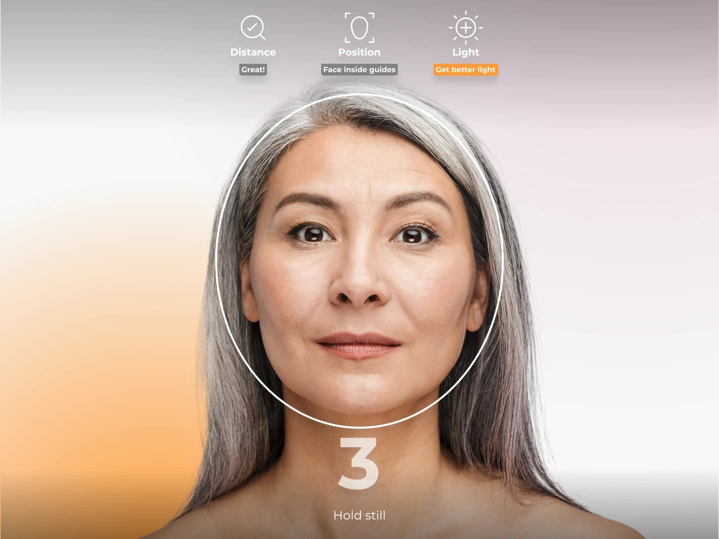 AI skin analysis step one: a woman inside a circular capture guide with on-screen selfie instructions.