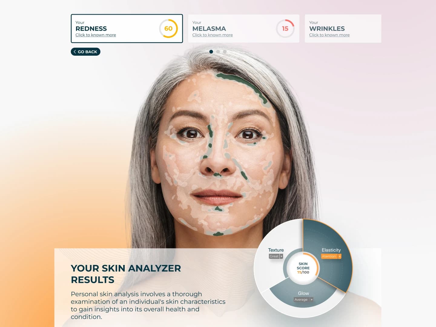 AI skin analysis step three: a comprehensive skin assessment summary with key focus areas and strengths.