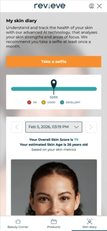 Revieve Skin Advisor Pro skin-tracker screen charting skin metrics over time.