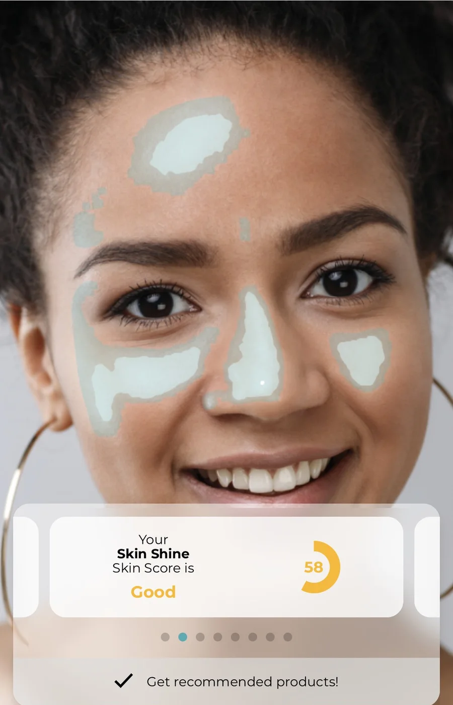 Suncare Advisor selfie diagnostics screen with a skin-shine score card.