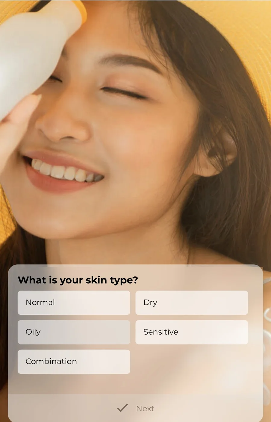 Suncare Advisor quiz screen asking the user to choose their skin type.
