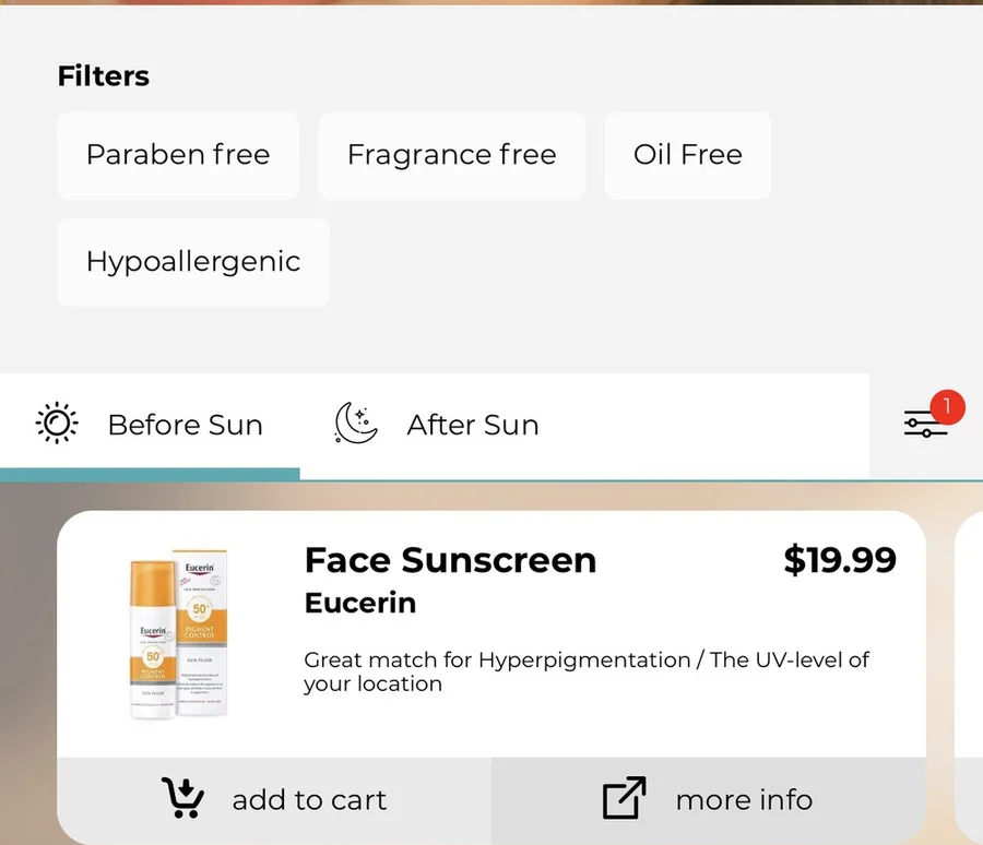 Suncare Advisor product recommendations screen with preference and allergy filters.
