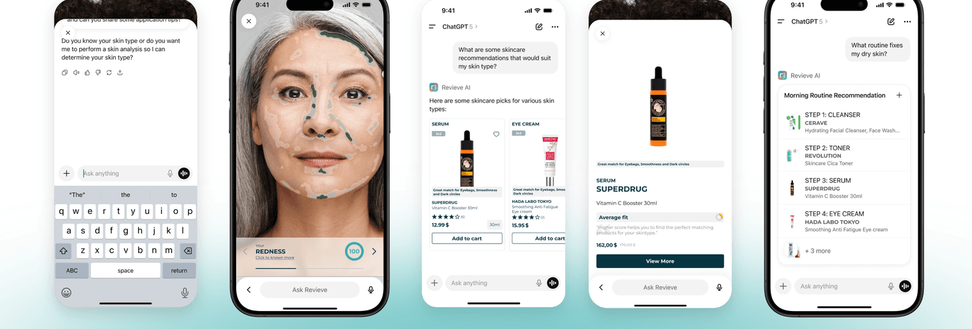 A strip of phone screens showing Revieve's AI Skin Advisor experience unified across ChatGPT, owned, retail, and social discovery touchpoints.