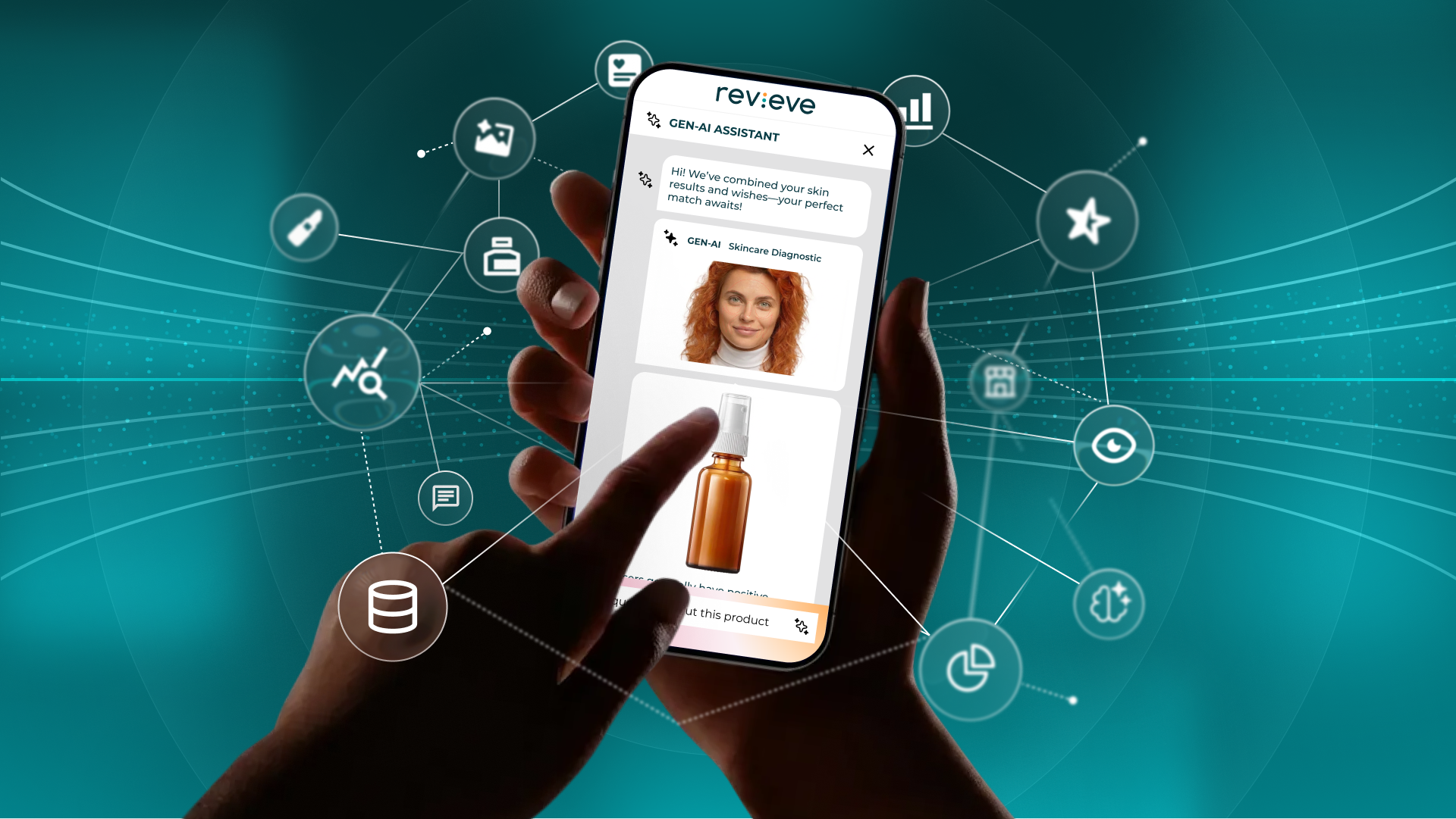 Hands holding a phone running Revieve's GEN-AI skincare assistant, surrounded by a connected web of data and AI icons representing the intelligence layer behind a personalized beauty recommendation