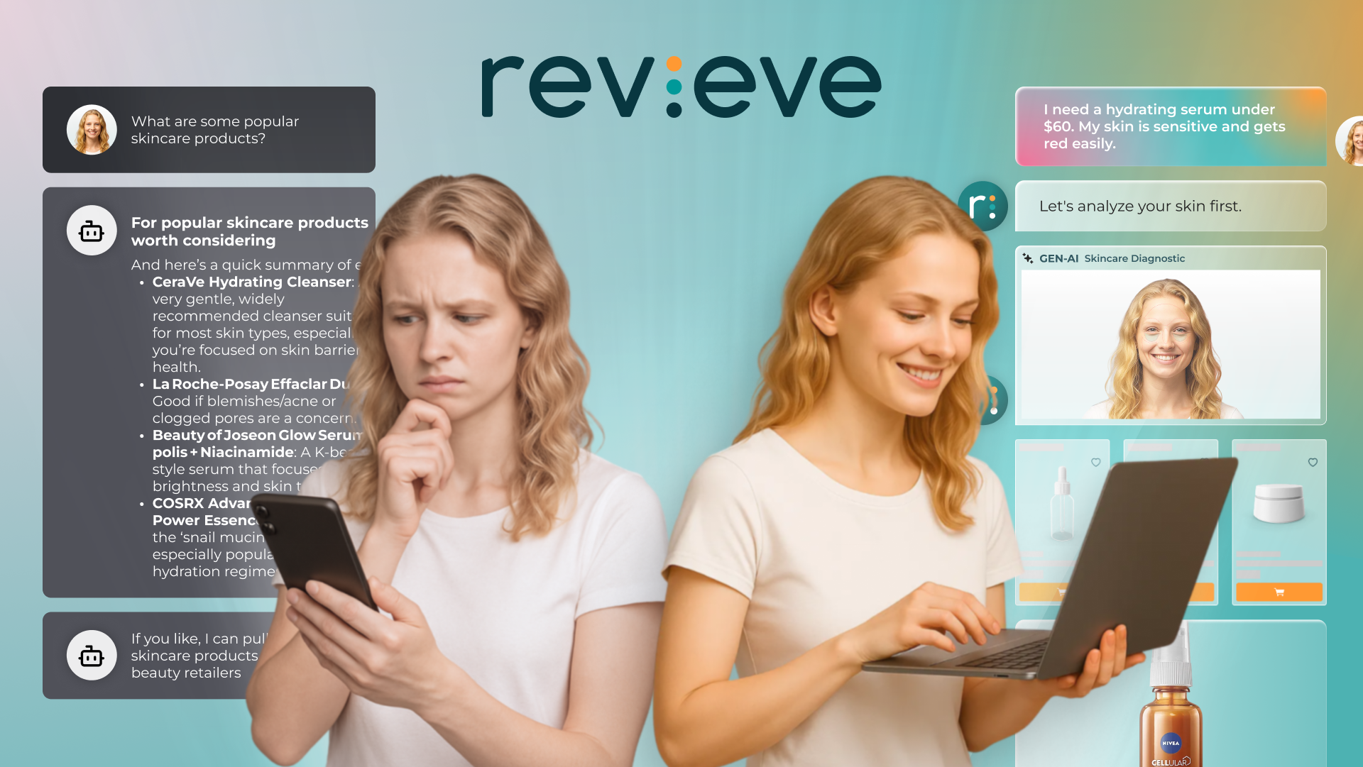 Split comparison of a generic AI chatbot listing skincare products versus Revieve's GEN-AI skincare diagnostic analyzing a shopper's face and returning personalized recommendations on a brand's own channel