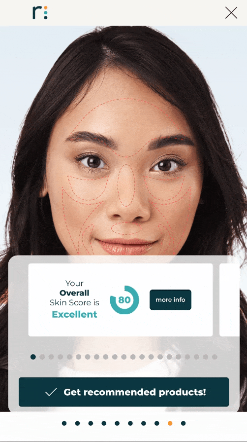 Animated Skin Advisor step: real-time skin diagnostics present per-attribute skin scores and insights.