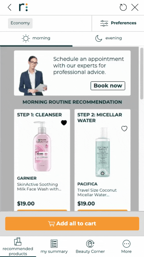 Animated Skin Advisor step: a personalized skincare routine with product recommendations is presented to the user.